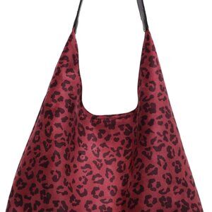 Versatile Faux Suede Handbag for Women – Spacious Burgundy Leopard Hobo Bag